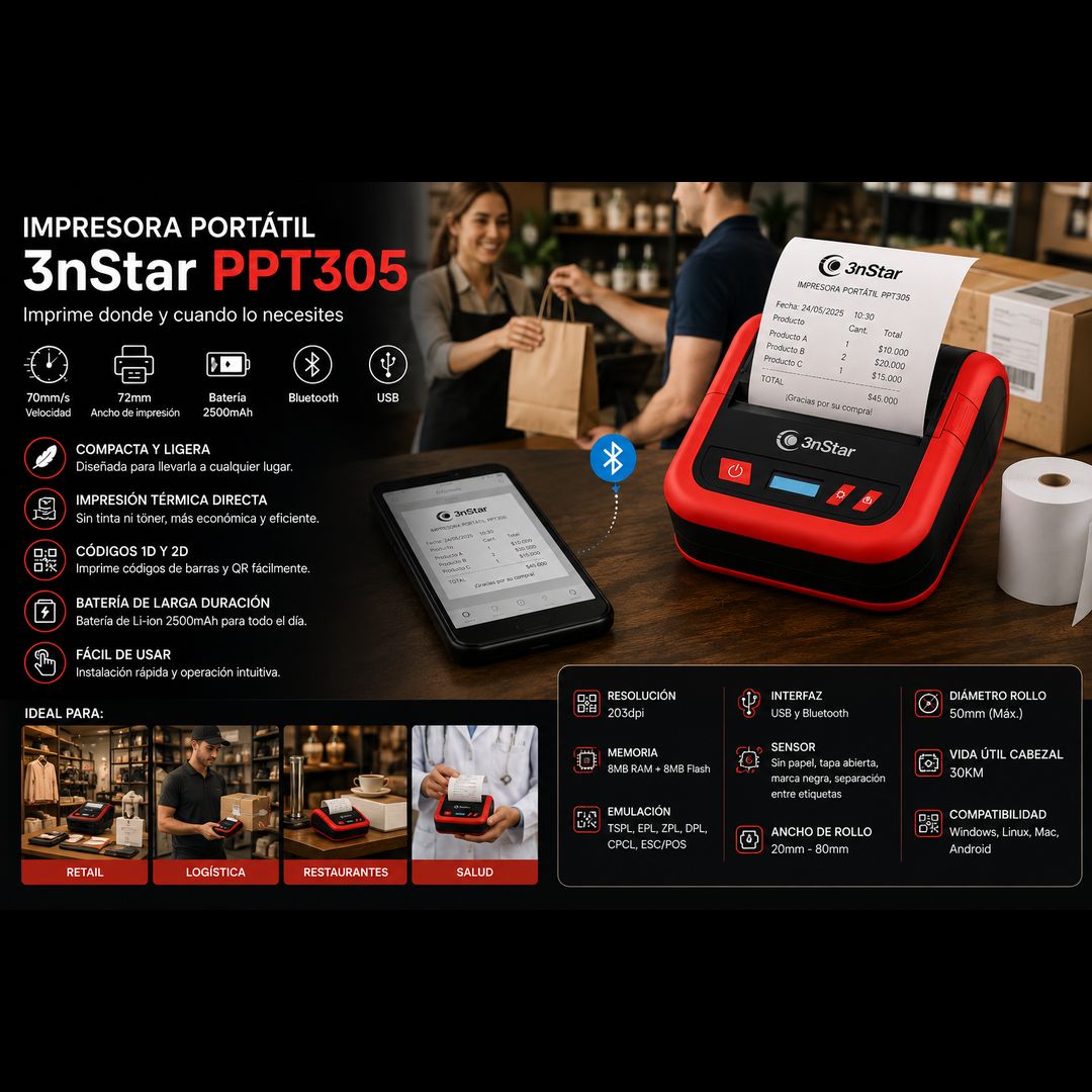 Impresora Portátil de Recibos 3nStar PPT305 80mm 3" 1D y 2D USB Bluetooth